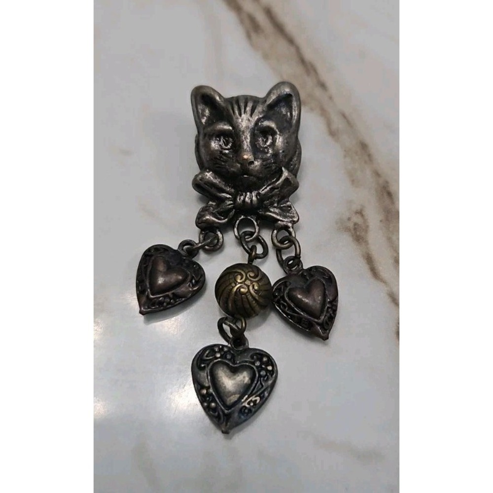 Rare Dangling Silver Cat Brooch Pin Cat Faces 2" Unique Vtg